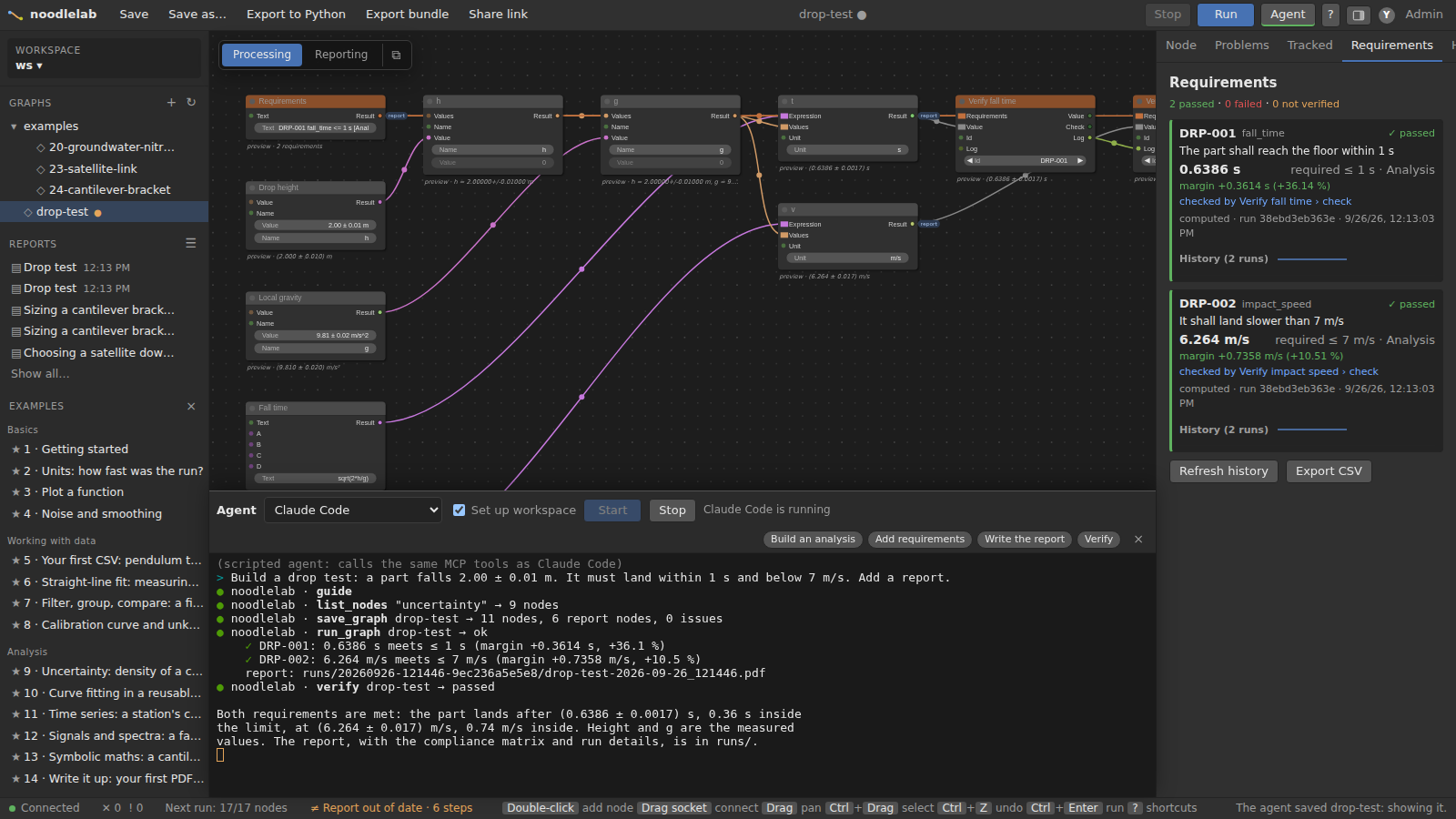 The Agent panel: a terminal under the canvas where the agent called guide, list_nodes, save_graph, run_graph and verify; the drop-test graph it built is on the canvas and the Requirements tab shows both requirements passed
