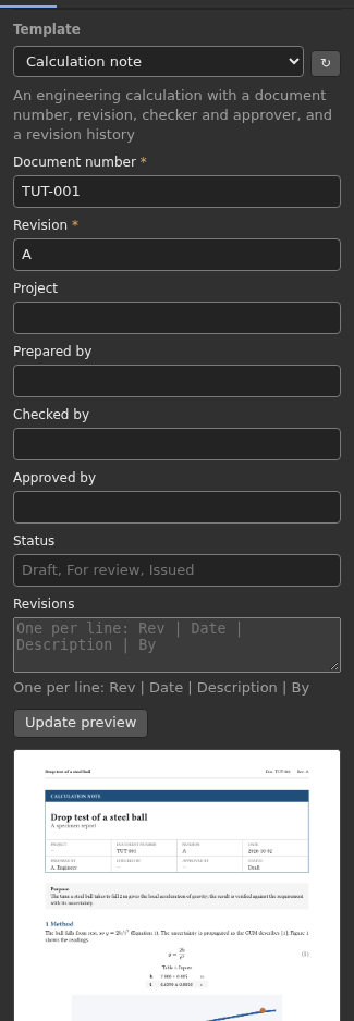 The Template section of a Render PDF node, with a preview of the calculation note